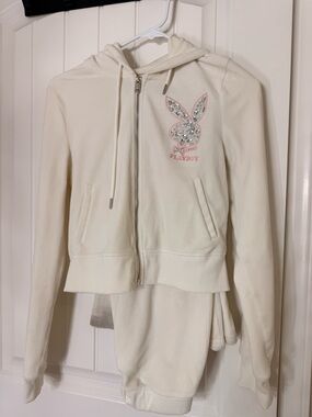 PLAYBOY Ivory Hoodie with Crystal Bunny and Pink Trim